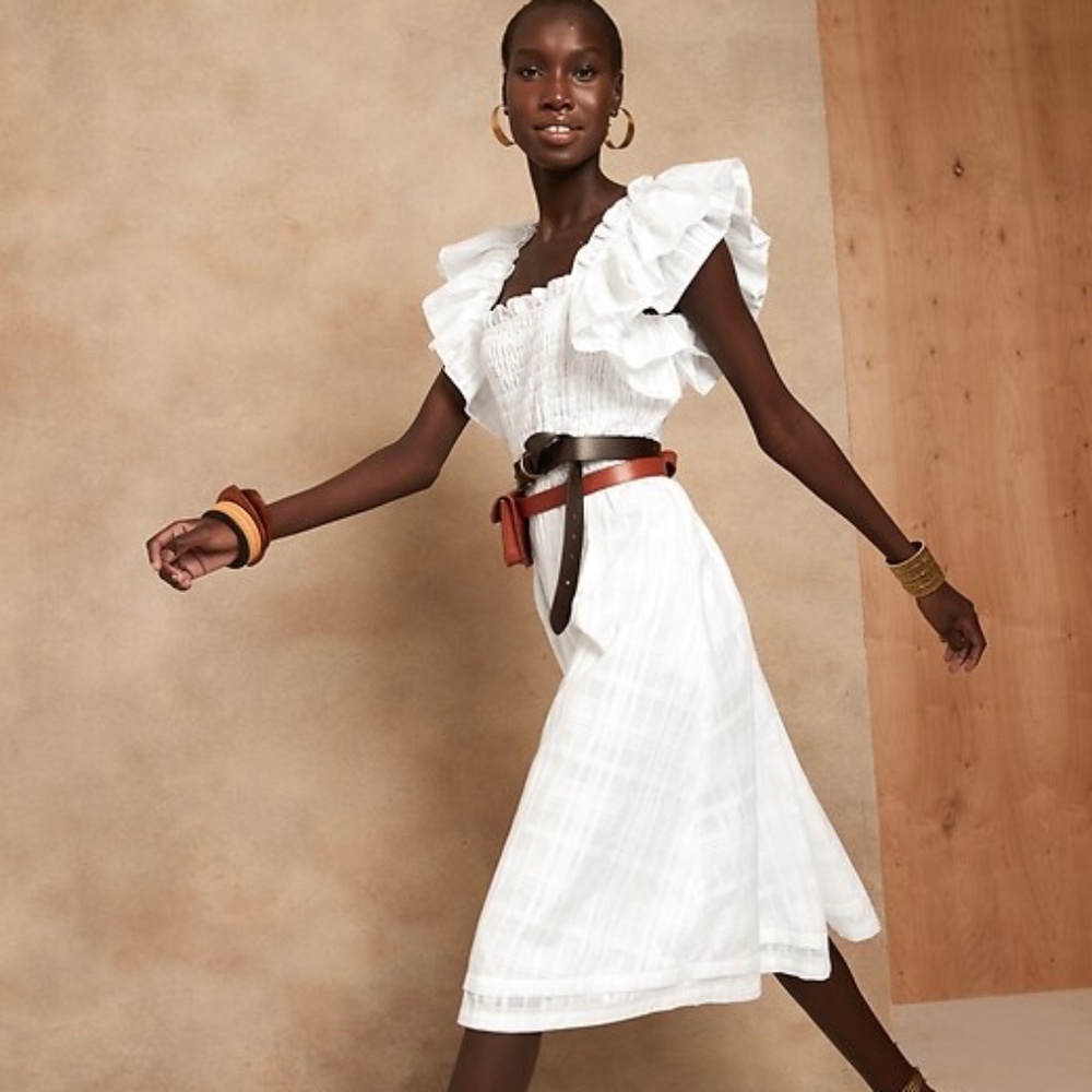 Smocked Ruffle Midi Dress - Petite Large - White